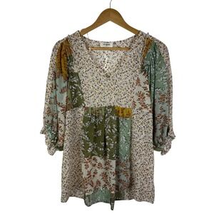 Umgee Patchwork Floral Peasant Tunic Top Small Sheer Smocked Metallic Cottage